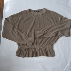 Zara Olive green hem ribbed crewneck